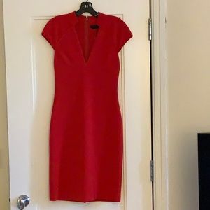 Alice + Olivia cherry red sheath dress with deep V neck.